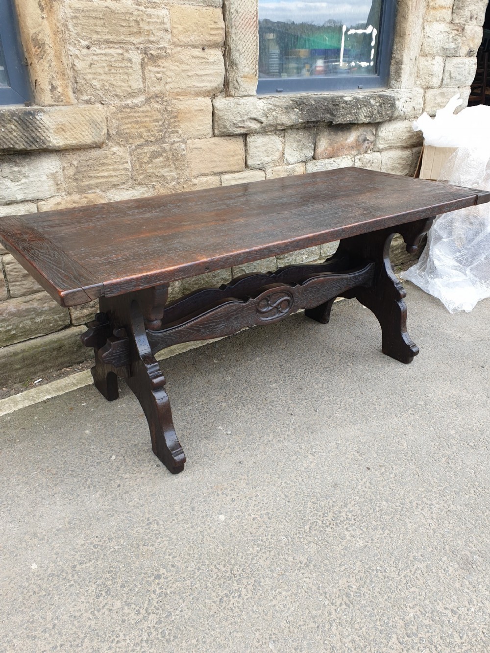 a superb 19th century thick top oak trestle dining table
