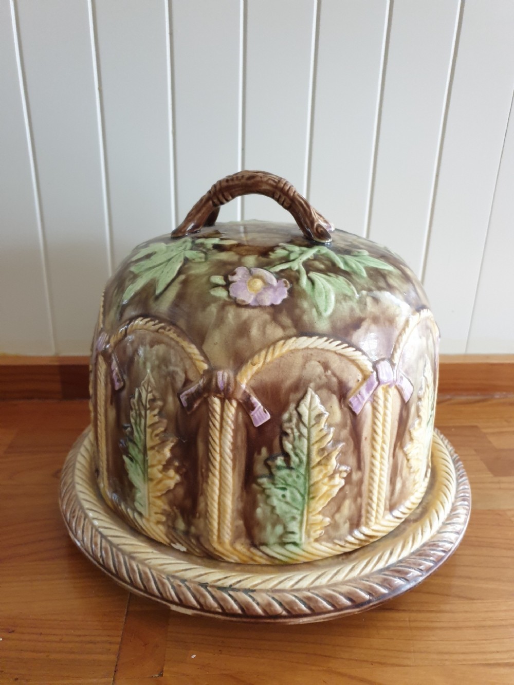 a large 19th century majolica cheese dish and cover