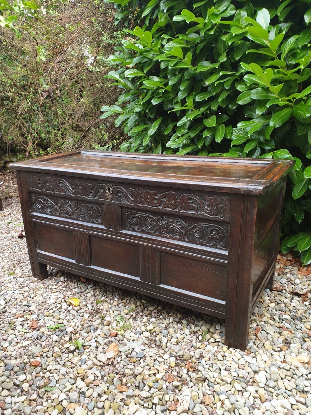 a 17th century oak carved cofferbox original carving from the north