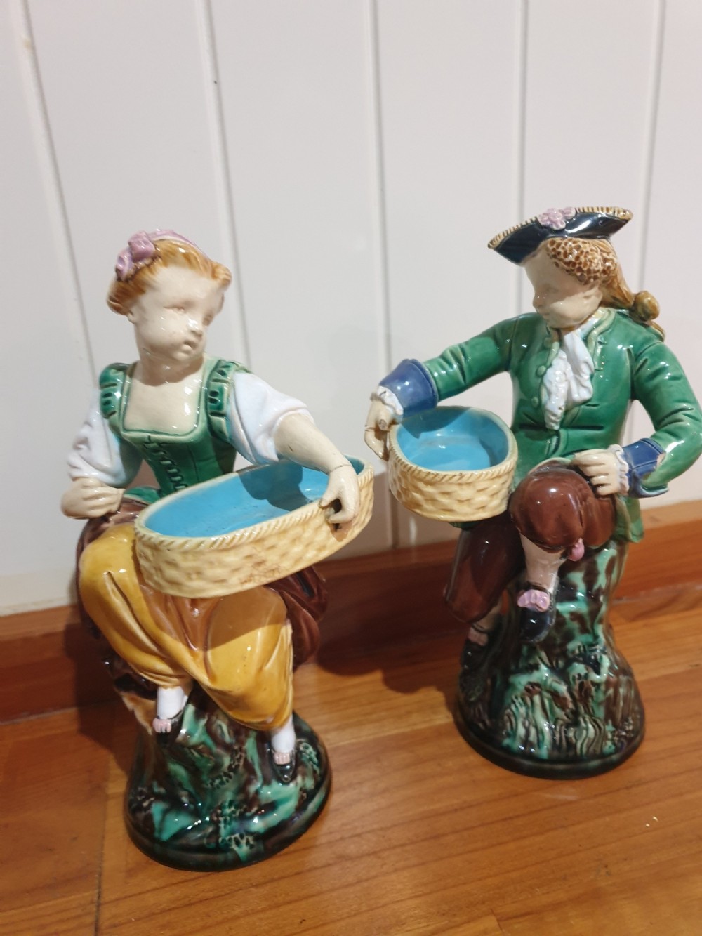 good pair of minton majolica figures fully marked
