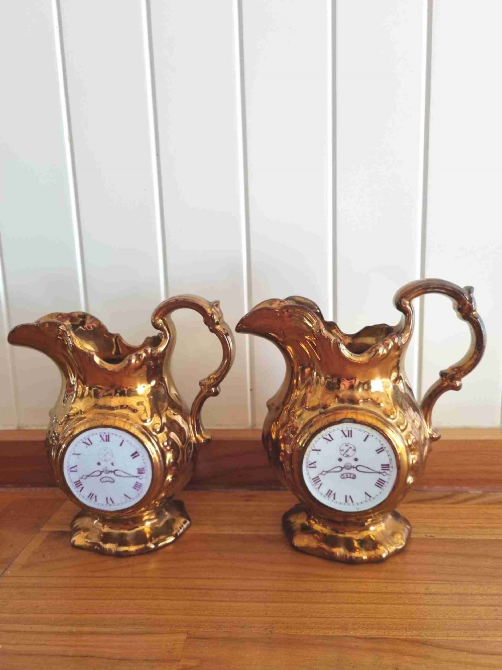 2 welsh antique copper lustre clock jugs perfect