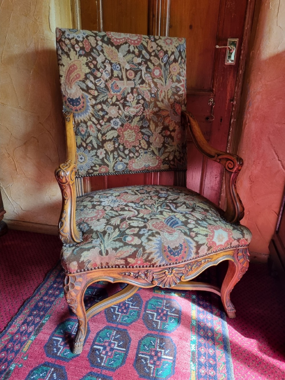 large 19thc walnut tapestry covered french armchair