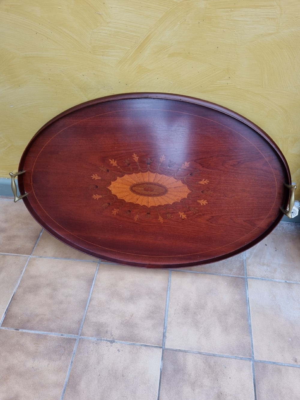 large antique inlaid mahogany tray with brass handles