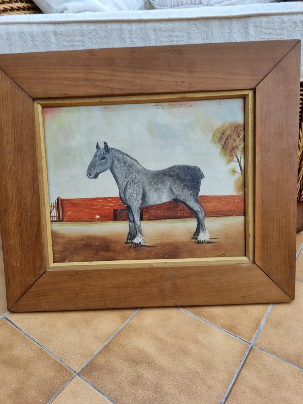 a early 20thc naive signed oil on board of a percheron grey