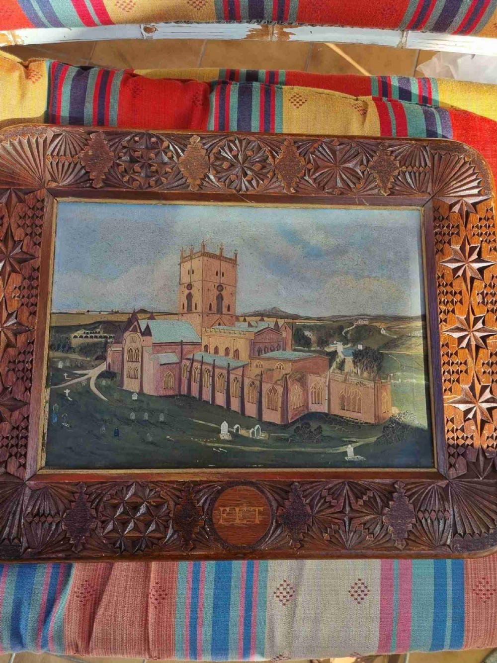 tramp art welsh oak framed naive oil on canvas of st davids wales