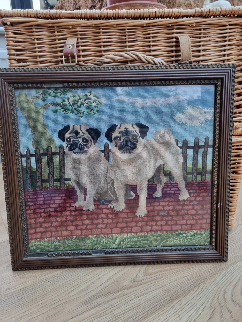 super 19thc woolwork of a pair of pugs