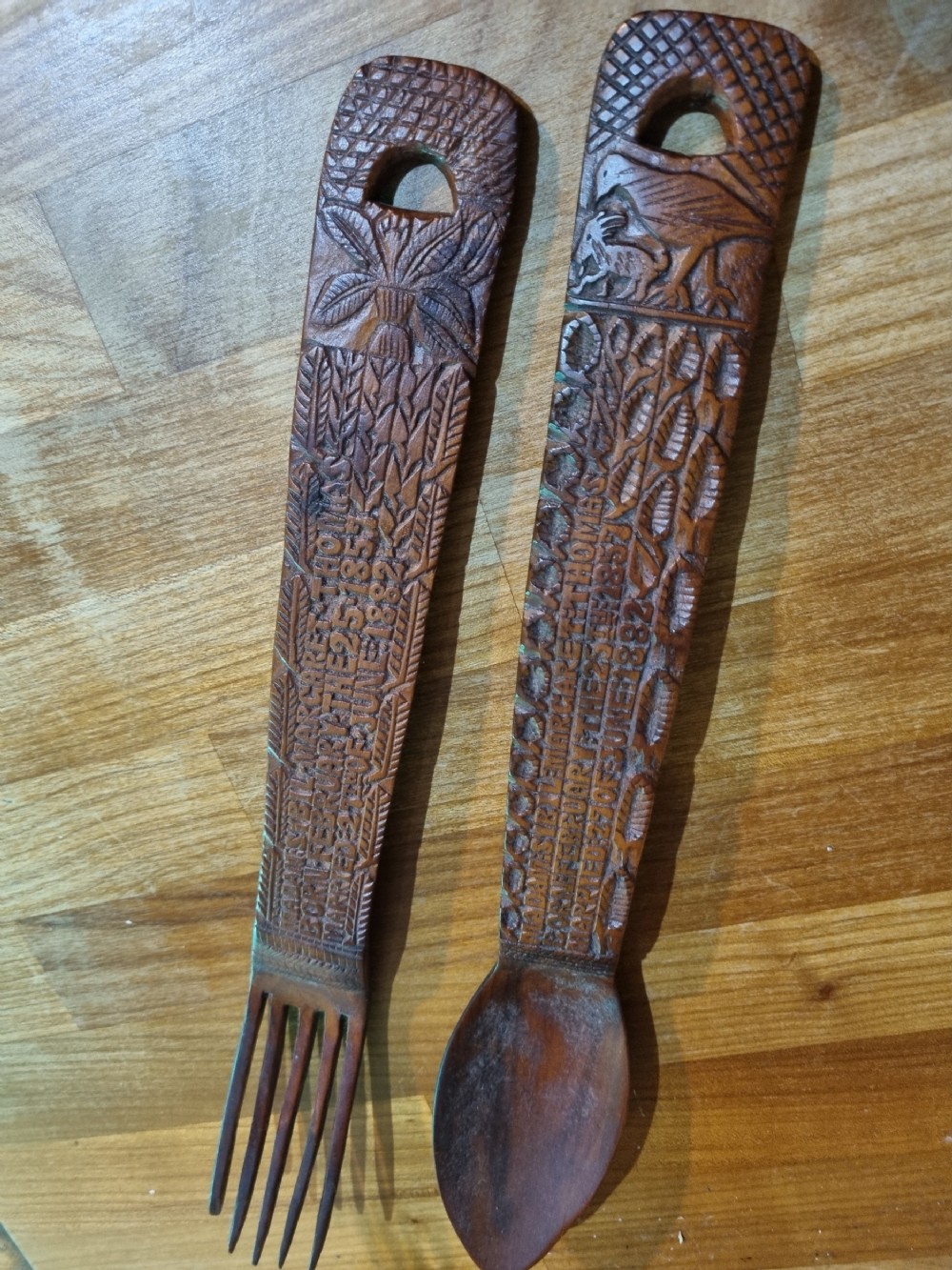 rare pair of 19thc carved welsh love spoon and fork dated 1882