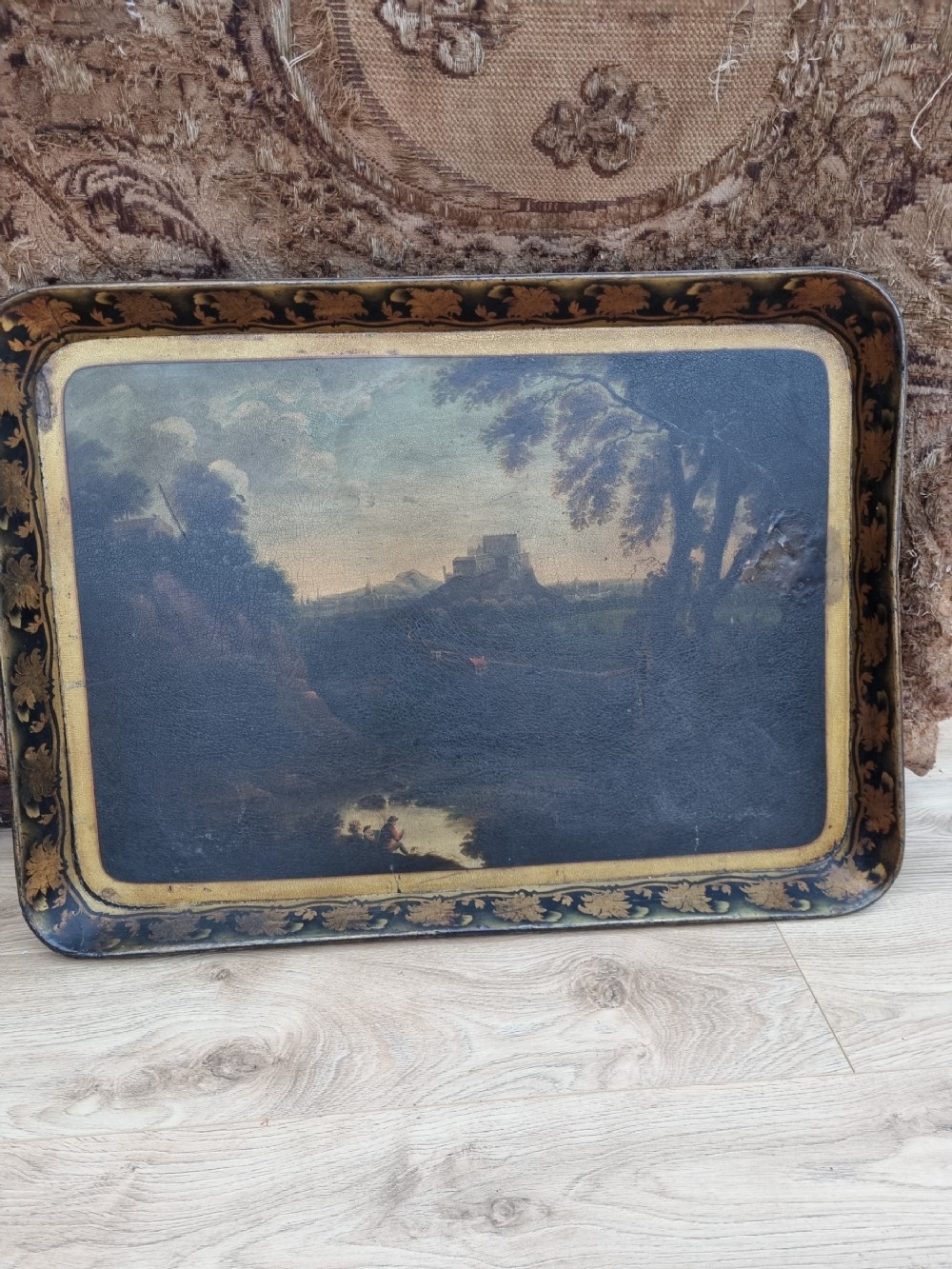massive naive l18thc papier mache tray of fishing interest