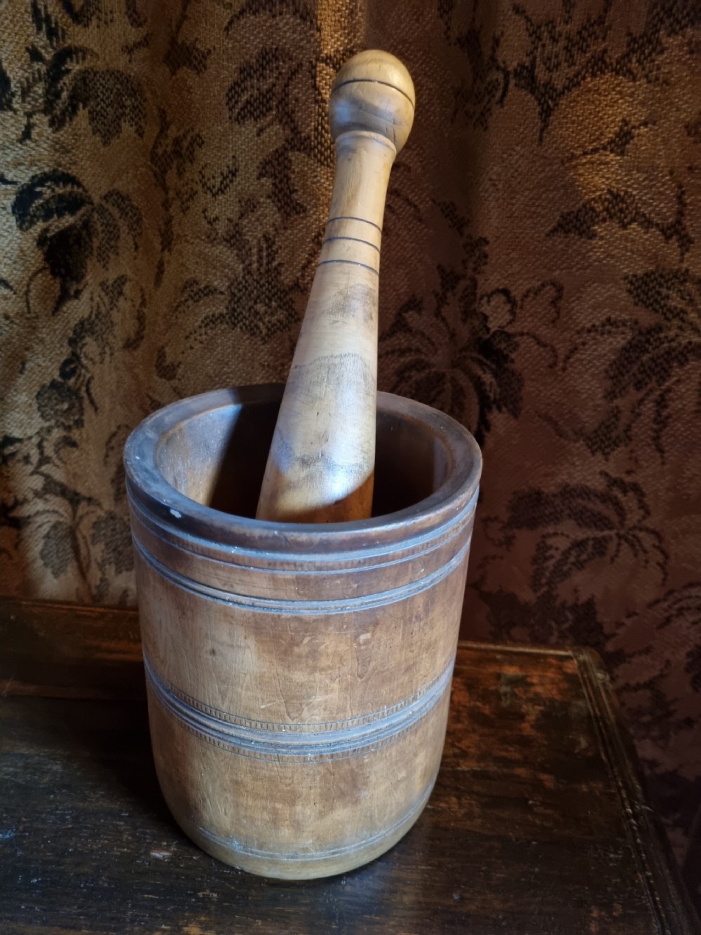 large 18thc country treen mortar and pestle