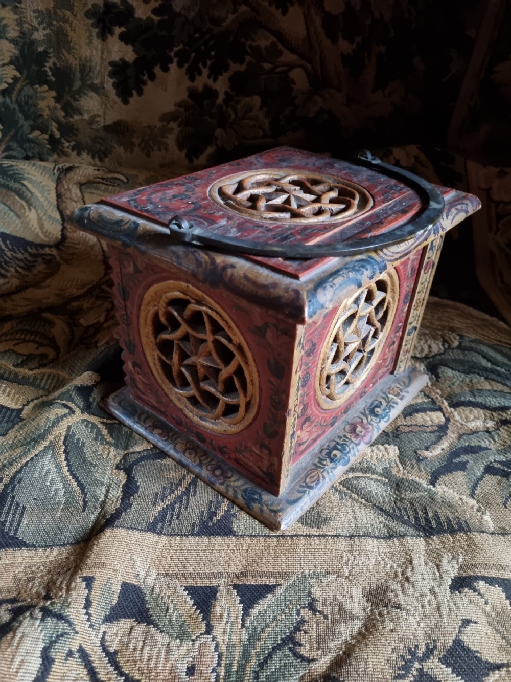 original 18thc painted wooden carriage foot warmer