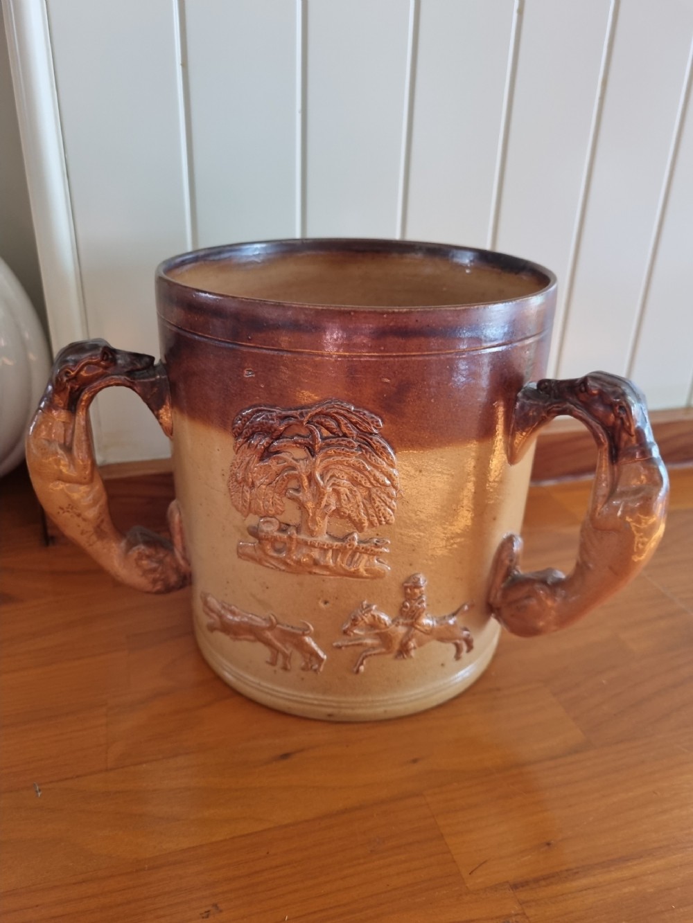 large 19thc 3 handled perfect stoneware tyg