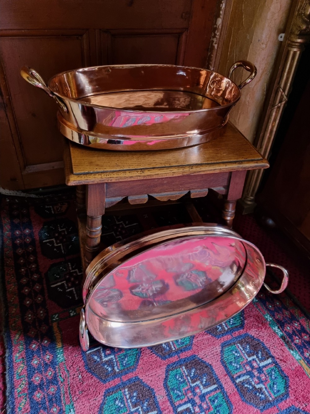 a pair of large 19thc copper oval cooking pans fish etc