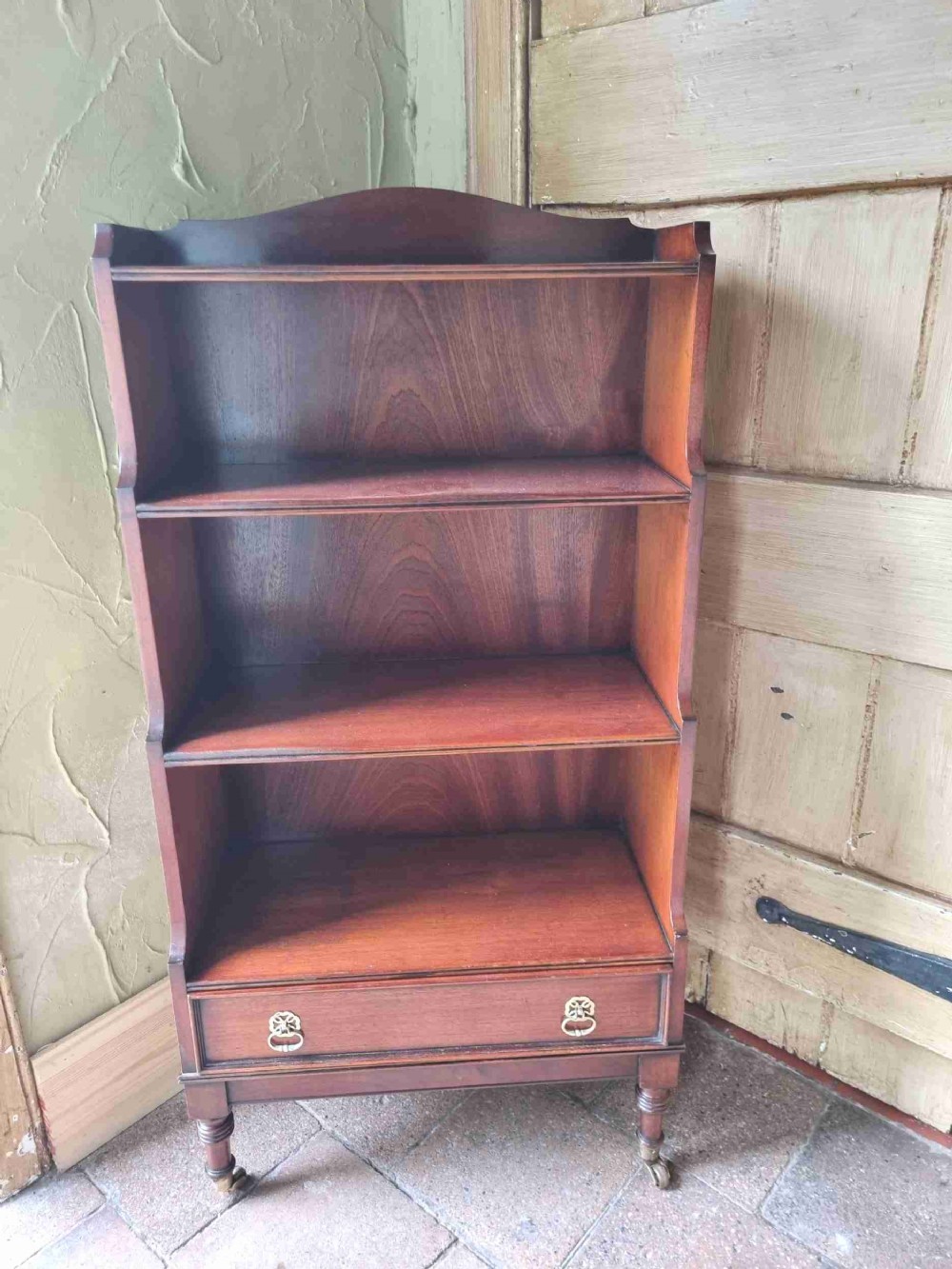 antique mahogany open bookshelves with drawer