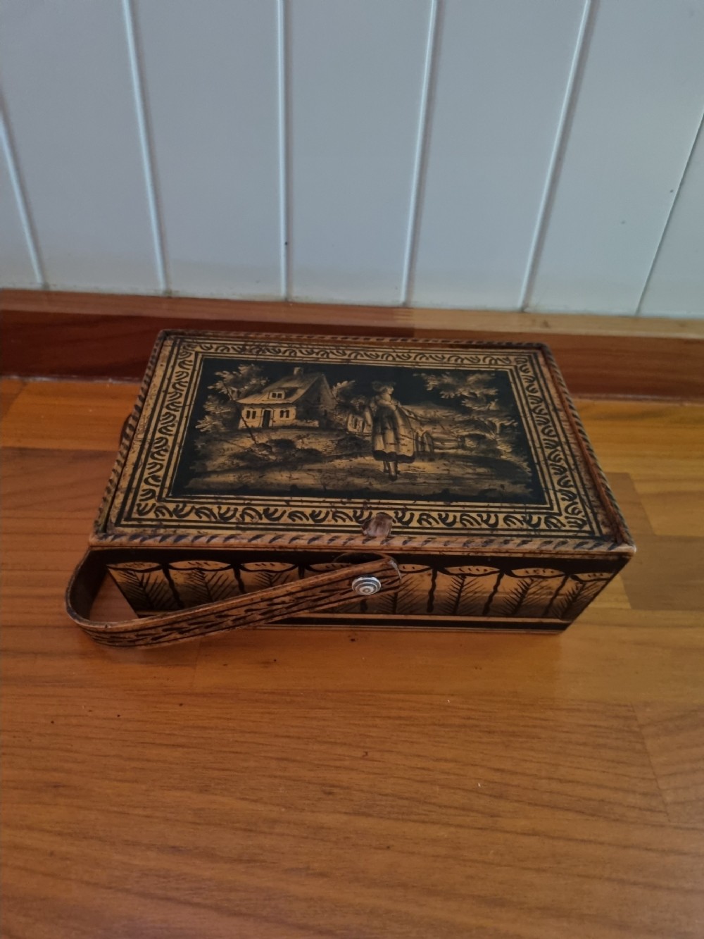 scarce l18thc penwork casket with handle