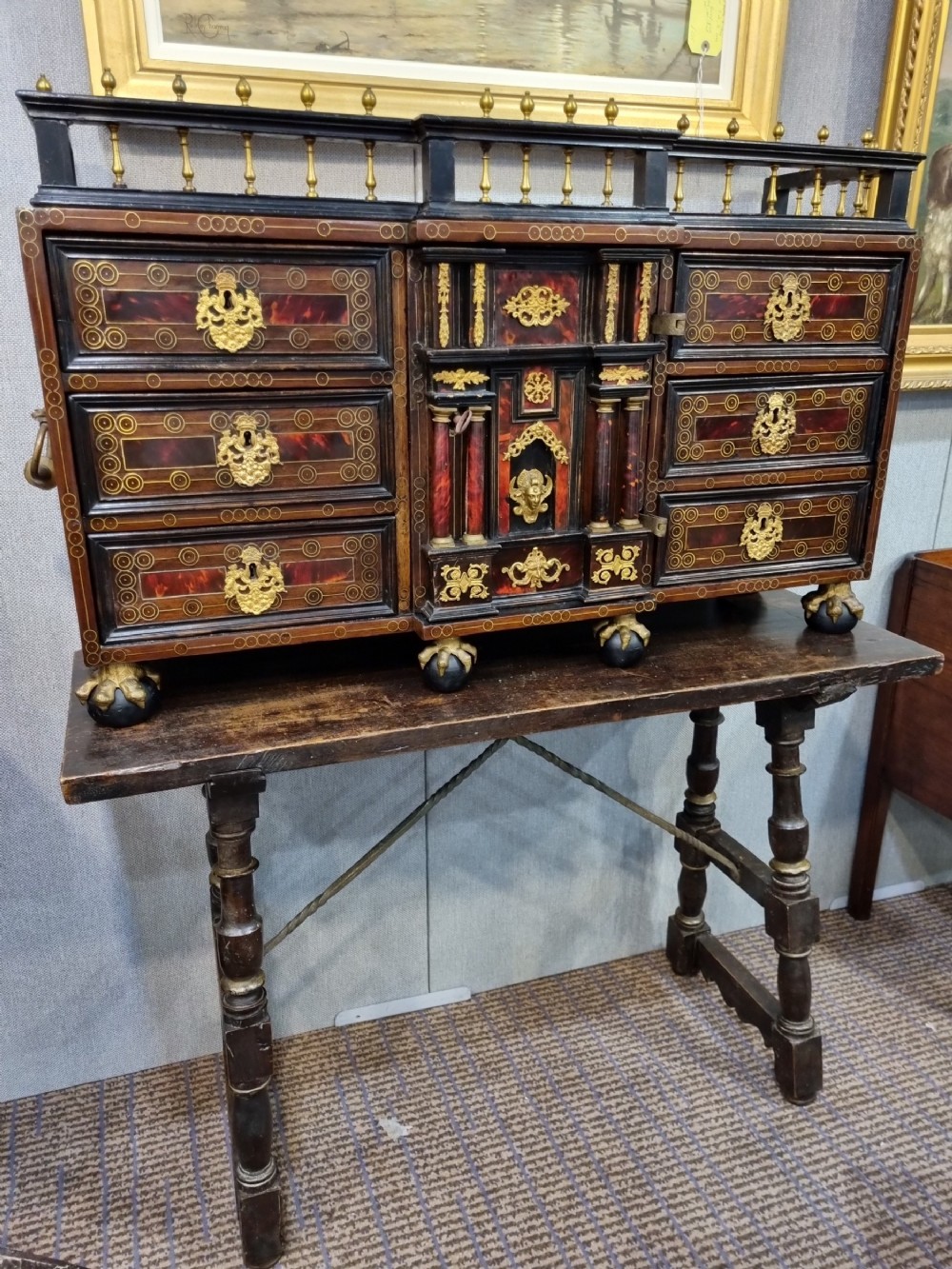 17thc original spanish red tortoiseshell cabinet on stand