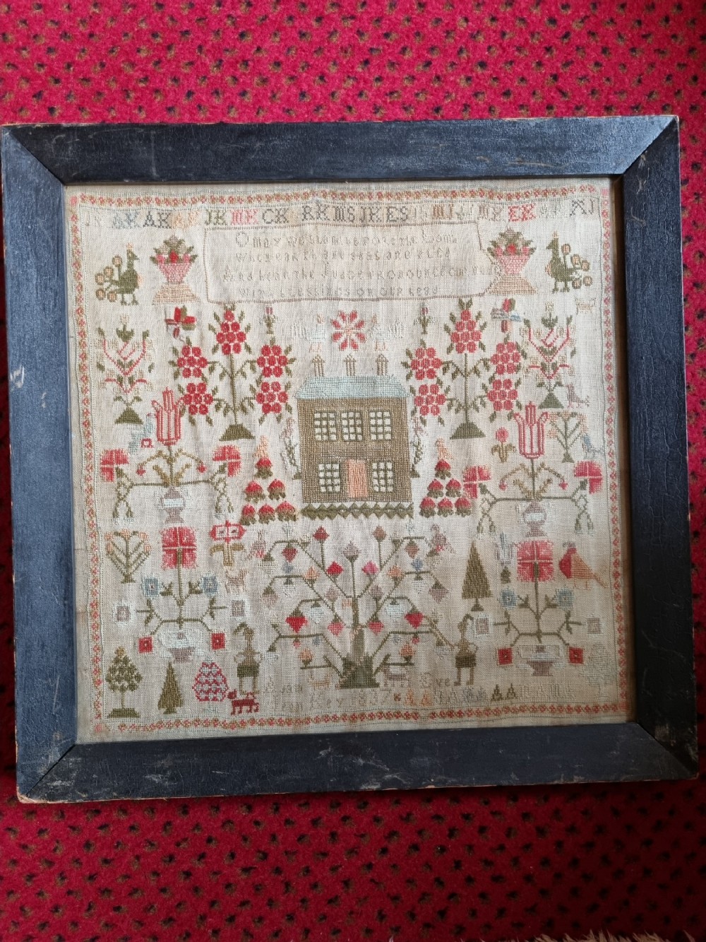 georgian dated 1837 sampler featuring a house