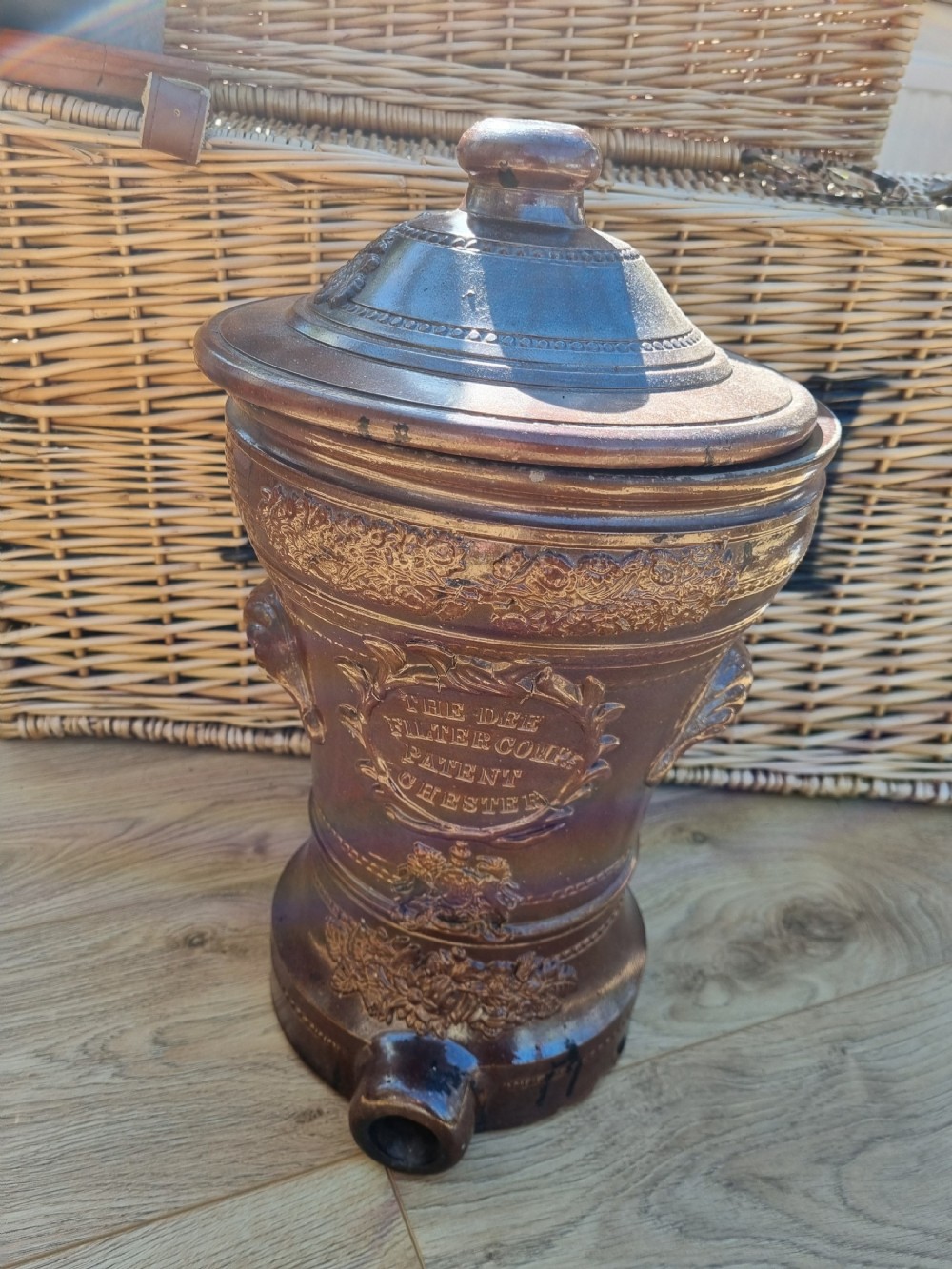 a rare dee filter company patent chester stoneware water vessel