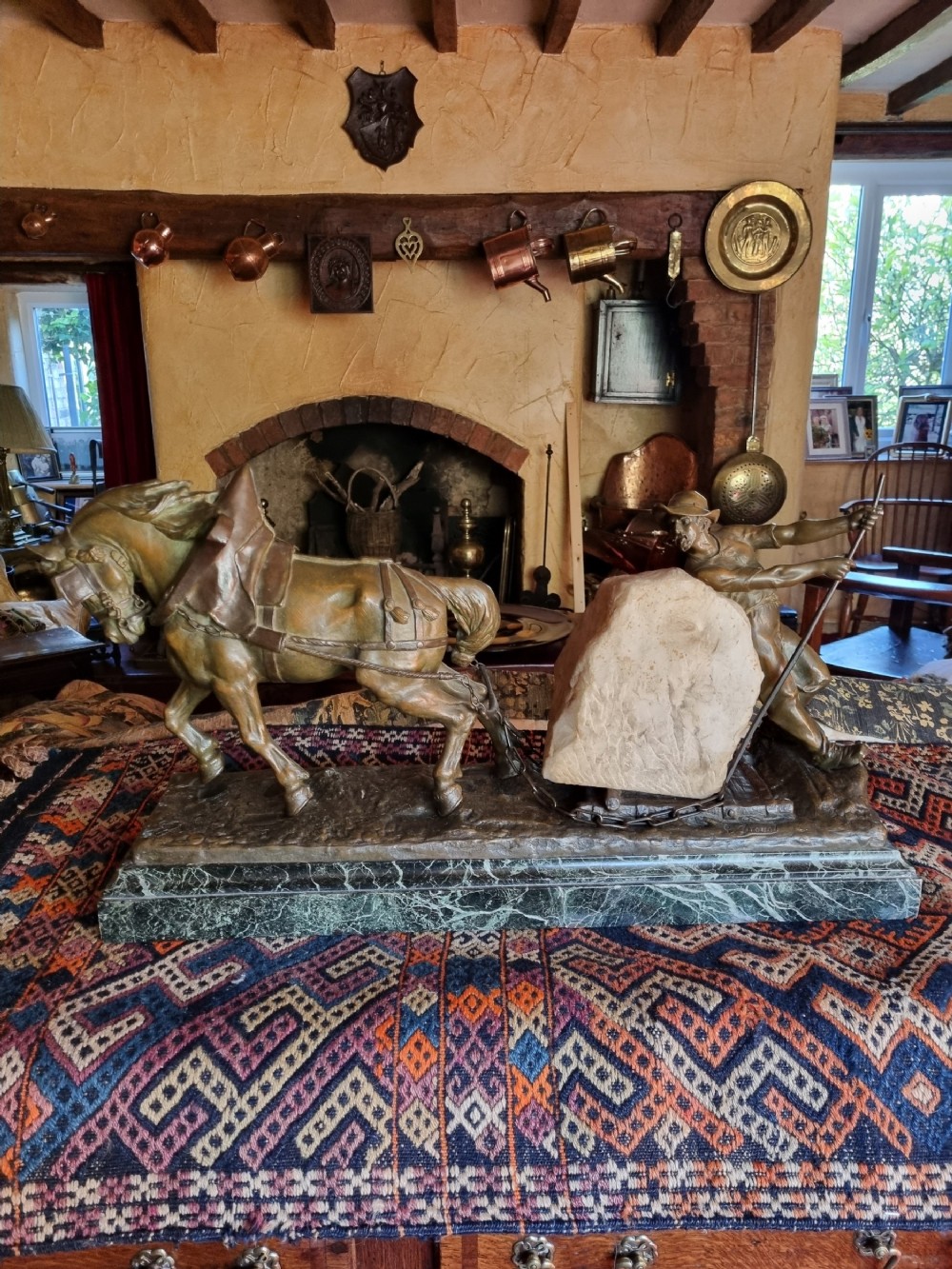 large 19thc bronze of quarryman and cart by edrouot