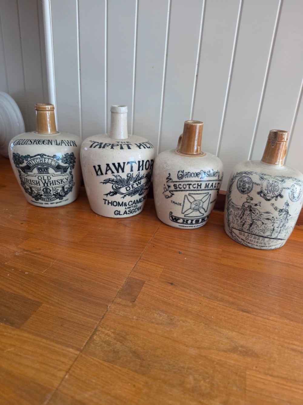 4 antique 19thc stoneware advertisingwhisky flasks