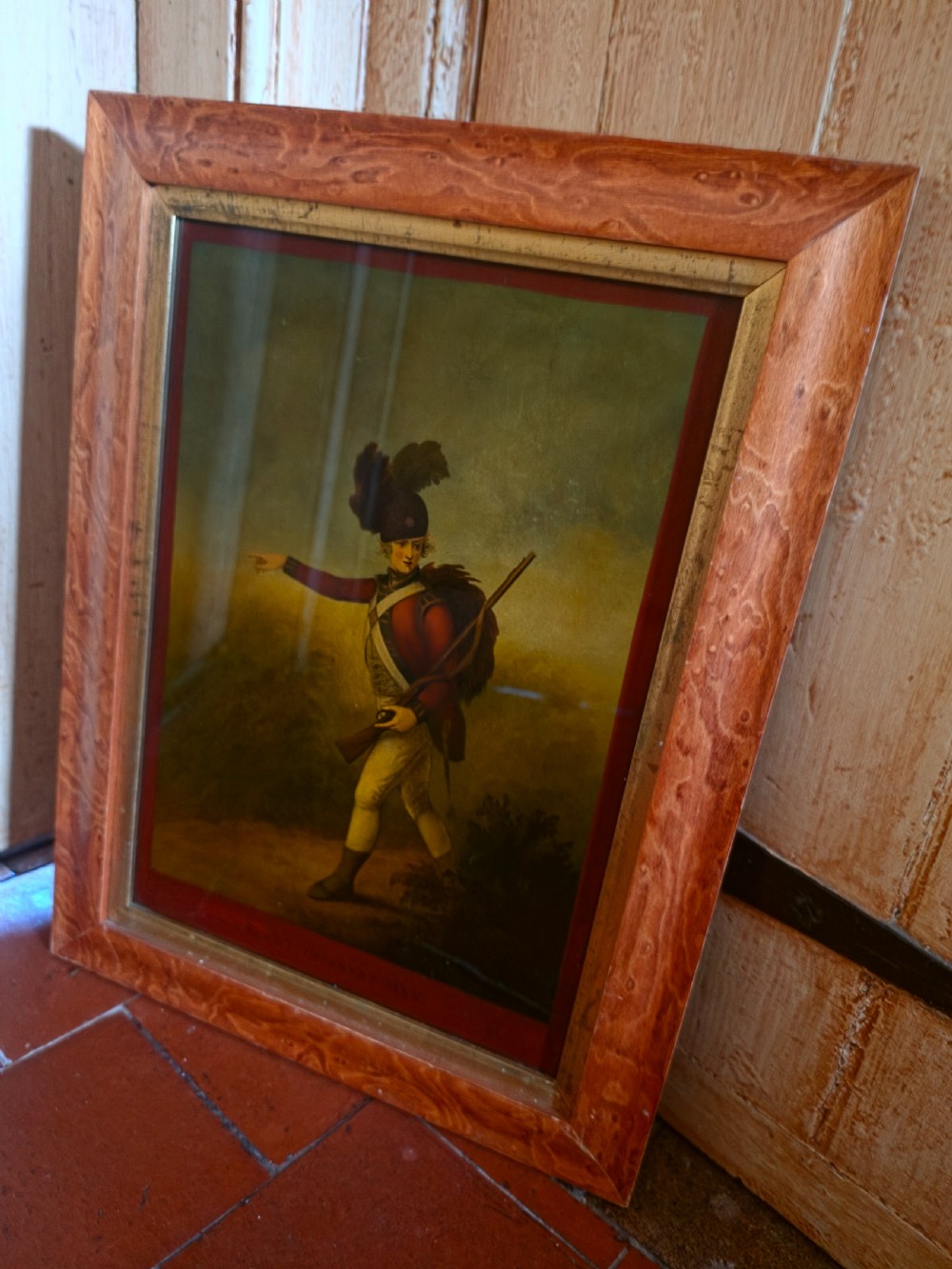 scarce 19th c reverse glass picture of a light infantryman
