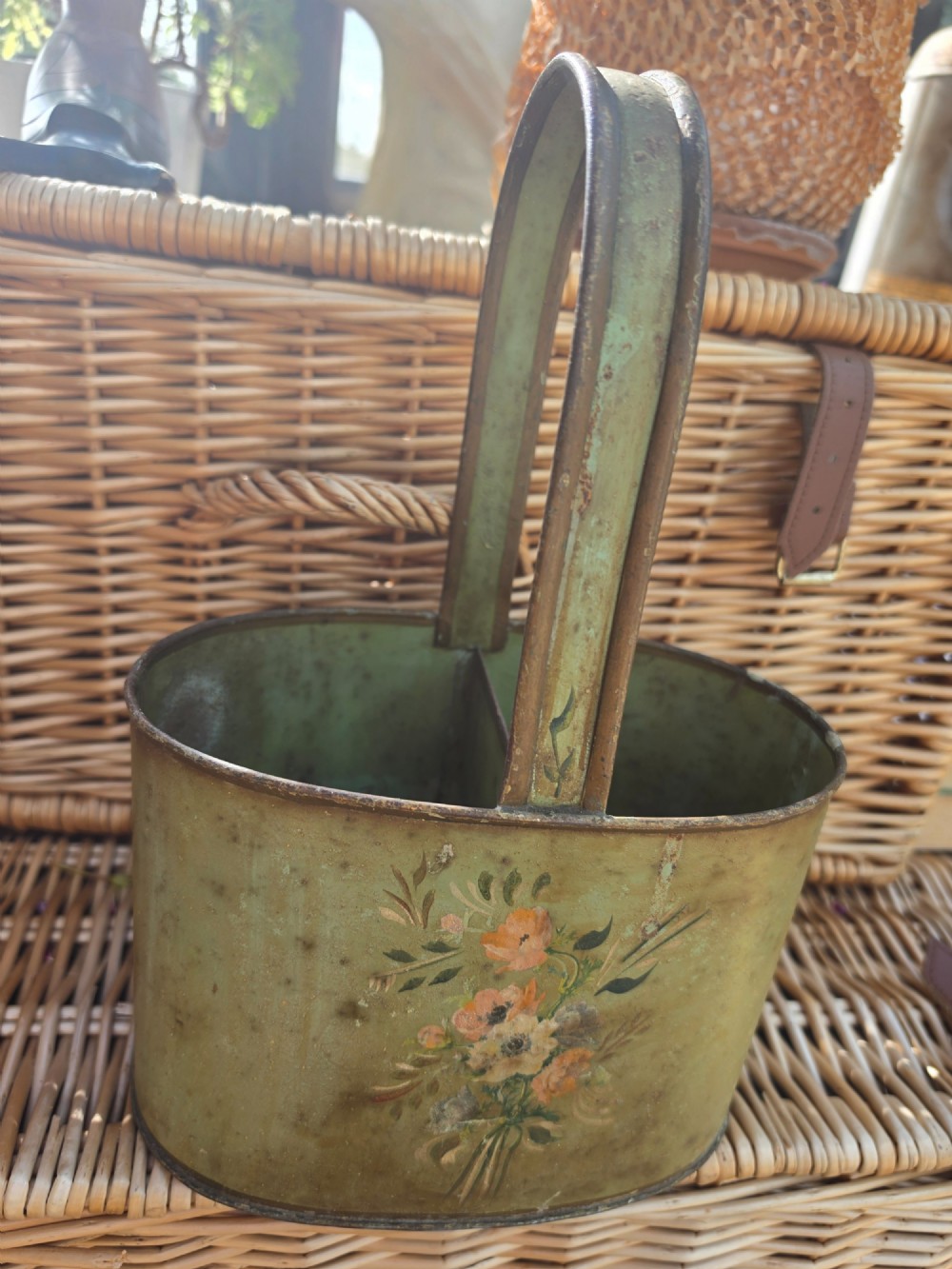 antique floral toleware wine carrier