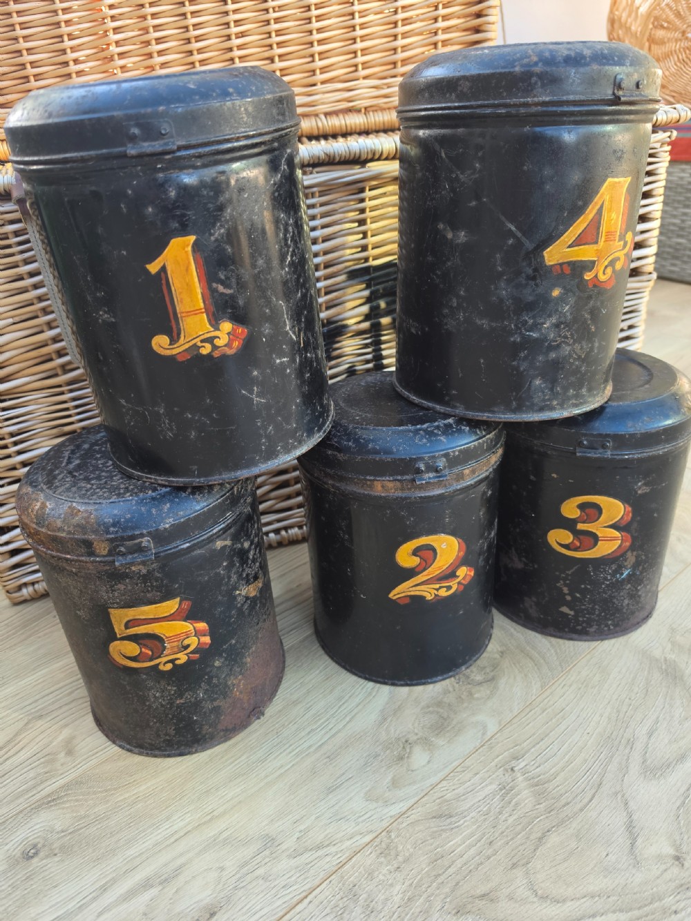 set of 5 antique tin tea canisters all stamped gr