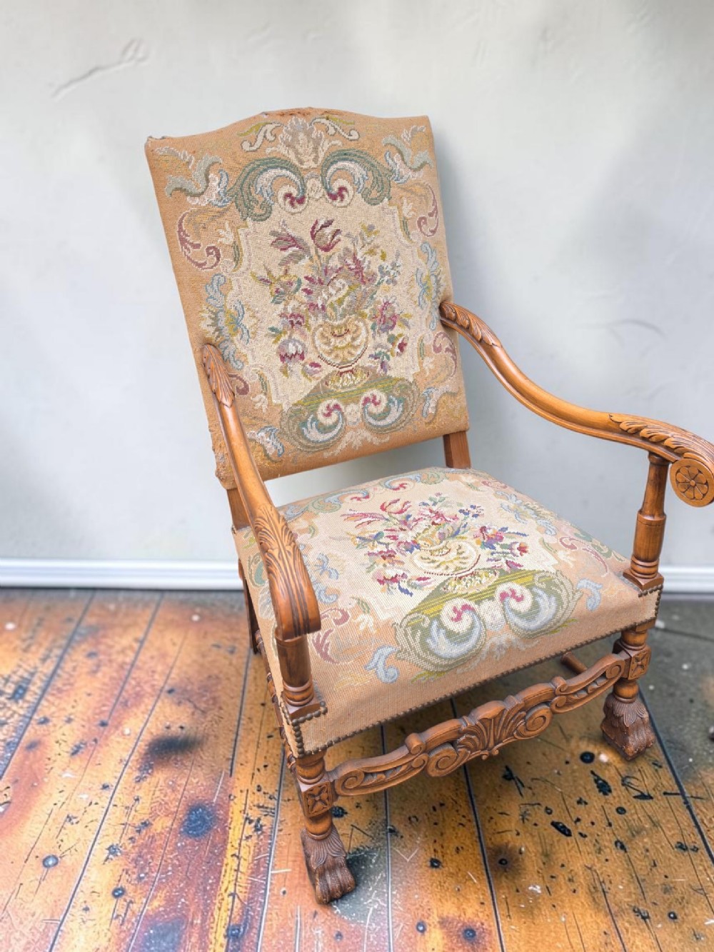 19thc large walnut tapestry covered armchair